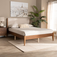 Baxton Studio MG0077S-Beige/Walnut-Full Lenora Mid-Century Modern Beige Fabric Upholstered and Walnut Brown Finished Wood Full Size Platform Bedt